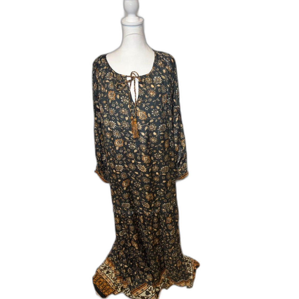 Natural Life Boho Floral Paisley Maxi Dress L Long Sleeve Tassel Tie Flowy - Picture 6 of 7